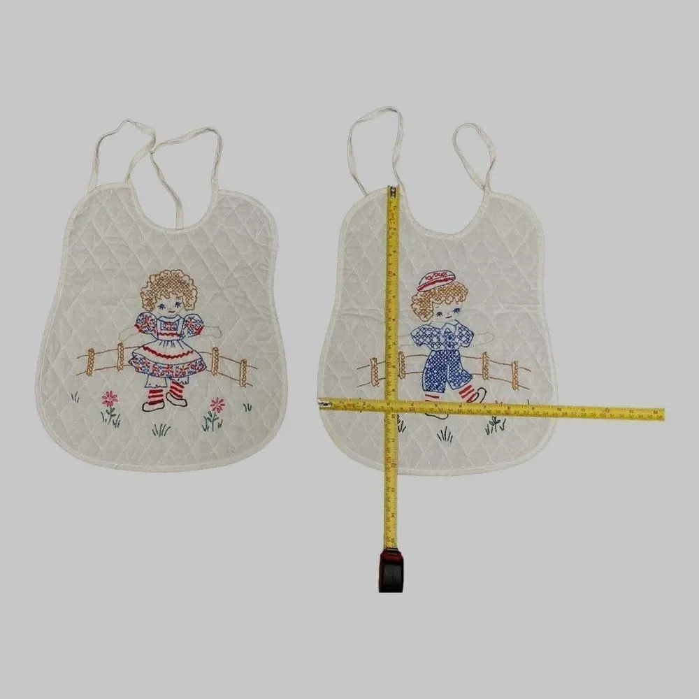 Pair Vintage Cross Stitch Quilted Baby Bibs Raggedy Ann & Andy Handmade Quilted
